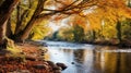 A tranquil riverbank with vibrant autumn foliage