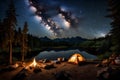 A tranquil riverside campsite with a flickering campfire, tents, and the night sky filled with stars