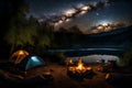 A tranquil riverside campsite with a flickering campfire, tents, and the night sky filled with stars