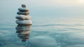 Tranquil rock balance for serene meditation against calming water backdrop, peaceful mindfulness