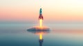 Tranquil Rocket Launch Over Still Lake with Soft Mountain Background ai generated Royalty Free Stock Photo
