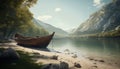 Tranquil rowboat journey on serene autumn mountain lake reflection generated by AI Royalty Free Stock Photo