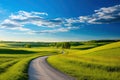 Tranquil Rural Lane: An undulating trail meanders across emerald fields beneath the sunny heavens, with wispy clouds