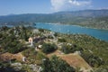 Tranquil rural Mediterranean coast landscape in Simena Kalekoy, Turkey. Old stone house on hill