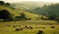 Tranquil rural scene cows grazing on green meadow at sunset generated by AI