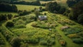 Tranquil rural scene meadow, tree, mountain, cottage, freshness, beauty generated by AI