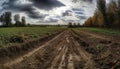 Tranquil rural scene sunset over plowed wheat field generated by AI Royalty Free Stock Photo