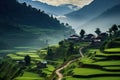 Tranquil Rural scene village mountains water home. Generate Ai