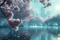 Tranquil Sakura Blossoms Over Serene Lake with Glowing Fireflies and Ethereal Cityscape in Misty Twilight