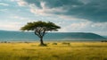 Serene african savanna landscape with a single tree, wide open plains and vast skies, ideal for backgrounds and
