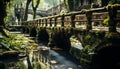 Tranquil scene ancient bridge reflects old forest beauty generated by AI Royalty Free Stock Photo