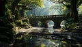 Tranquil scene ancient bridge reflects on serene forest pond generated by AI Royalty Free Stock Photo