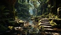 Tranquil scene ancient forest, mysterious rock, flowing water, green fern generated by AI