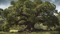 Tranquil scene of ancient olive tree in yellow springtime meadow generated by AI