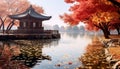 Tranquil scene of ancient pagoda reflects in pond, generated by AI