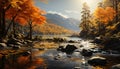 Tranquil scene, autumn beauty in nature, reflecting mountain vibrant colors generated by AI