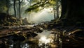 Tranquil scene autumn forest, foggy mystery, flowing water, yellow leaves generated by AI