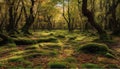 Tranquil scene of autumn forest, leaves crunch underfoot on footpath generated by AI