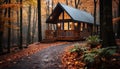 Tranquil scene autumn forest, old cottage, winter landscape, rustic beauty generated by AI