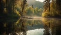 Tranquil scene of autumn forest, tree reflection in pond, fog generated by AI Royalty Free Stock Photo