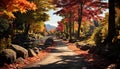 Tranquil scene autumn forest, vibrant colors, single lane road, Japanese maple generated by AI
