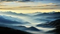 Tranquil Scene of Blue Hills and Mountains with Mist in Valleys under Calm Weather and Mildly Cloudy Sky Royalty Free Stock Photo
