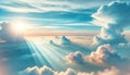 Serene Sunrise Sky with Fluffy Clouds and Sunbeams, AI Generated Royalty Free Stock Photo