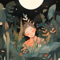 A serene boy with closed eyes, surrounded by lush green plants under a large white moon and stars Royalty Free Stock Photo