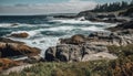 Tranquil scene coastline beauty, wave breaking on rocky cliff generated by AI