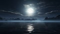 A tranquil scene of a dark blue night sky, reflecting moonlight on the water, with a mysterious galaxy in the background Royalty Free Stock Photo