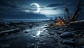 Tranquil scene dark night, moonlight reflects on calm water generated by AI Royalty Free Stock Photo