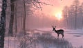 Tranquil scene deer grazing in winter forest at dawn