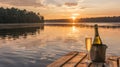 two champagne bottles in an ice bucket placed on a rustic wooden dock, with serene lake waters Royalty Free Stock Photo