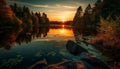 Tranquil scene at dusk: mountain range reflects vibrant autumn colors generated by AI