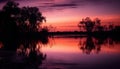 A tranquil scene at dusk, reflection on water, horizon over water generated by AI