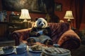 Panda Relaxing on Couch with Cookies and Tea