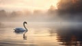 Serene Swan on Misty Lake at Sunrise, AI Generated
