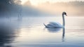 Serene Swan on Misty Lake at Dawn, AI Generated