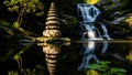 Zen Stone Stack and Waterfall Reflection in Lush Forest Stream Royalty Free Stock Photo
