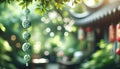 Traditional Asian Ceramic Wind Chimes in Serene Garden, AI Generated