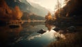 Tranquil scene, fog, reflection, mountain range, sunrise generated by AI