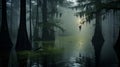 A tranquil scene of a foggy swamp with silhouettes of trees Royalty Free Stock Photo