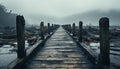 Tranquil scene foggy winter forest, abandoned jetty, damaged bridge generated by AI