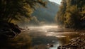 Tranquil scene forest, mountain, water, reflection, autumn, sunrise, sunset generated by AI