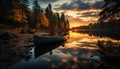 Tranquil scene forest, water, sunset, reflection, tree, beauty in nature generated by AI