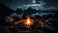 Tranquil scene of glowing campfire in dark mountain landscape generated by AI