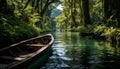 Tranquil scene green forest, blue water, rowboat, peaceful reflection generated by AI Royalty Free Stock Photo