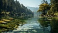 Tranquil scene green forest, flowing water, mountain peak, peaceful reflection generated by AI Royalty Free Stock Photo