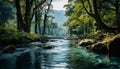 Tranquil scene green forest, flowing water, mountain reflection, peaceful sunset generated by AI Royalty Free Stock Photo