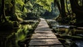 Tranquil scene green forest, flowing water, old stone bridge generated by AI Royalty Free Stock Photo